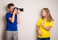 Two best friends teens making photo on their camera at home, having fun together, joy and happiness Royalty Free Stock Photo