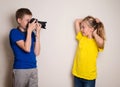 Two best friends teens making photo on their camera at home, having fun together, joy and happiness Royalty Free Stock Photo