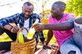 two best mixed race friends having picnic together in summer park outdoors