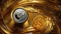Sparkling beverage cans with splash in golden light. AI image Royalty Free Stock Photo