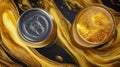 Sparkling beverage cans with splash in golden light. AI image Royalty Free Stock Photo