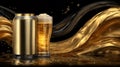 Sparkling beverage cans with splash in golden light. AI image Royalty Free Stock Photo