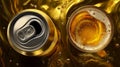 Sparkling beverage cans with splash in golden light. AI image Royalty Free Stock Photo