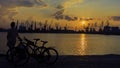 Two bicycle silhouette on a sunset. Summer landscape Royalty Free Stock Photo