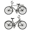 Two bicycles for men and women set. Vector monochrome black illustration isolated on white background. Royalty Free Stock Photo