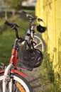 Two bicycles next to a yellow fence in the sunlight. Bikes with baskets and helmets in a green park with grass and trees in the