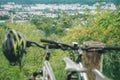 Two bicycles stand wth city view on background Royalty Free Stock Photo