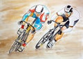 Two bicyclists racing - drawn graphic and watercolor artistic illustration