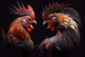 two big beautiful fighting roosters with sharp beaks for cockfights