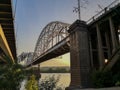 Between two big bridges on the left bank of the Dnipro river in Kyiv, Ukraine Royalty Free Stock Photo