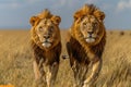 Two big cats from the Felidae family are running together in a grassy Ecoregion