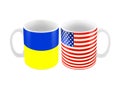 Two big cup mug in color of american and ukrainian flag isolated