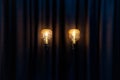 Two big decorative bulbs with golden warm light on long black pole in front of long curtain