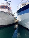 Two big fishing boats tied up in port dock marina detail with water Royalty Free Stock Photo