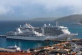 Two big luxury cruise ships in the Kusadasi harbor at the bright morning Royalty Free Stock Photo