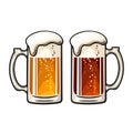 Two big mugs of beer dark and light with foam and bubbles. Hand drawn vector illustration isolated on white background Royalty Free Stock Photo