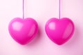 Two big pink hearts on ropes. Valentine's Day card