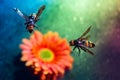 two huge queen bees are flying. A pair of wasps, against the background of a gerbera flower, with a multi-colored blurred