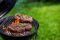 Two big steakes grilling on charcoal kettle grill outdoors in yard. Generative Ai Royalty Free Stock Photo