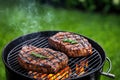 Two big steakes grilling on charcoal kettle grill outdoors in yard. Generative Ai Royalty Free Stock Photo