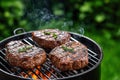 Two big steakes grilling on charcoal kettle grill outdoors in yard. Generative Ai Royalty Free Stock Photo