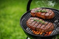 Two big steakes grilling on charcoal kettle grill outdoors in yard. Generative Ai Royalty Free Stock Photo