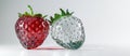 Two big strawberries made of glass. Red and white transparent glass berries on neutral background with copy space. Generative AI