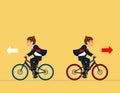 Two bike are moving in the opposite direction. businessman ambitious in disagreement ,unable working together moving
