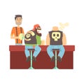 Two Bikers Chatting At The Counter In Leather Vests And Jeans , Beer Bar And Criminal Looking Muscly Men Having Good