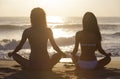 Two Bikini Women Girls Sitting Sunset Sunrise Beach Royalty Free Stock Photo