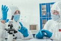 Two biochemists in hazmat suits talking in laboratory