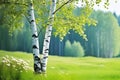 Two birch trees with white trunks and green leaves on a field with green grass against a background of forest and blue sky. Rural Royalty Free Stock Photo