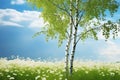 Two birch trees with white trunks and green leaves on a field with green grass against a blue sky. Rural summer landscape Royalty Free Stock Photo