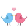 Two bird couple. Pink heart. Happy Valentines Day. Love Greeting card. Cute cartoon kawaii baby character. Flat design. White Royalty Free Stock Photo