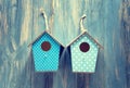 Two birdhouses on antique rustic wood