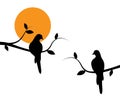 Birds couple silhouette on branch on sunset, Vector. Wall decals, couple of birds in love, art decoration, wall decor Royalty Free Stock Photo