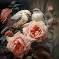 two birds on a bouquet of pink roses. High quality photo AI Generated Generative AI