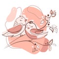 Two birds on a branch being in love,Spring time concept, line art drawing with abstract light pastel shapes vector Royalty Free Stock Photo