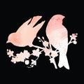 Two birds on a cherry tree branch watercolor silhouette