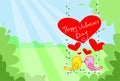 Two Birds Couple Kiss Sitting on Swing Red Heart Royalty Free Stock Photo