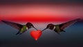 Two birds in flight holding together in their beaks a red heart smudged background. Heart as a symbol of affection and love