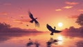 Two birds flying over a lake at sunset Royalty Free Stock Photo