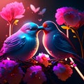 Two birds kissing on a branch of blooming flowers. Vector illustration. generative AI Royalty Free Stock Photo