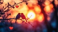 Two birds kissing at sunset on a blossoming branch Royalty Free Stock Photo