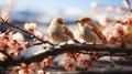 Two birds with large beaks on a branch. Generative AI. Royalty Free Stock Photo