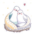 Two birds in love in the nest. Birds in hand drawn style isolated on a white background. Valentines day. Royalty Free Stock Photo