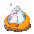 Two birds in love in the nest. Birds in hand drawn style isolated on a white background. Valentines day. Royalty Free Stock Photo