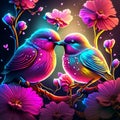 Two birds in love sitting on a branch of a flowering tree. Illustration in bright colors. generative AI Royalty Free Stock Photo