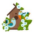 Two birds near the birdhouse on a tree branch with leaves and flowers.