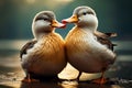 Two birds, one a duck, engage in an affectionate nose touch